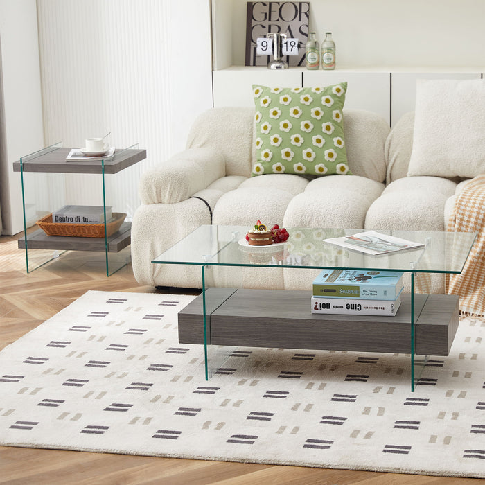 Coffee Table With Dual Shelves - Transparent / Gray