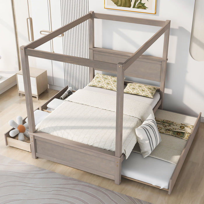 Wood Canopy Bed With Trundle Bed And Two Drawers, Full Size Canopy Platform Bed With Support Slats .No Box Spring Needed, Brushed Light Brown