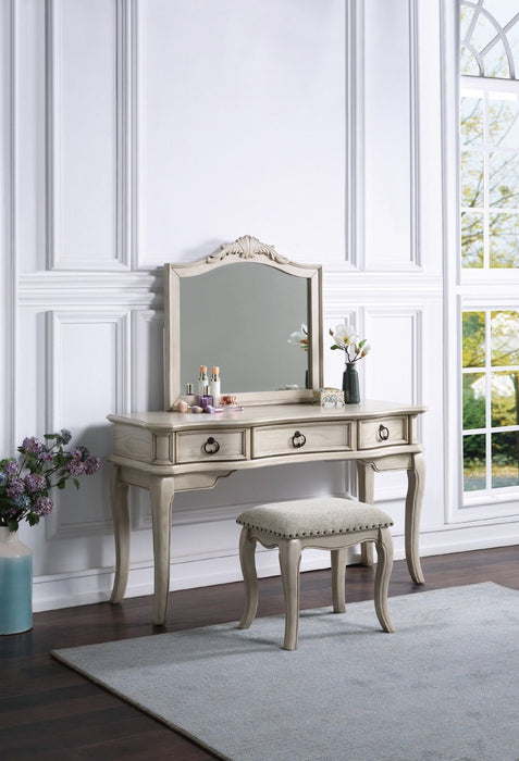 Contemporary Antique White Color Vanity Set Stool Retro Style Drawers Cabriole-Tapered Legs Mirror Floral Crown Molding Bedroom Furniture