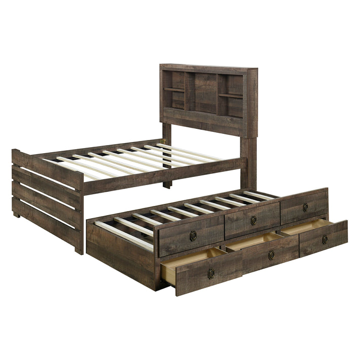 2 Pieces Bedroom Sets Farmhouse Style Twin Size Bookcase Captain Bed And Nightstand, Rustic Brown