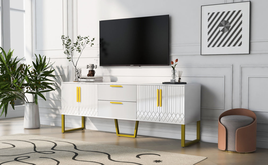 U-Can Modern TV Stand For Tvs Up To 75 Inches, Storage Cabinet With Drawers And Cabinets, Wood TV Console Table With Metal Legs And Handles For Living Room, White