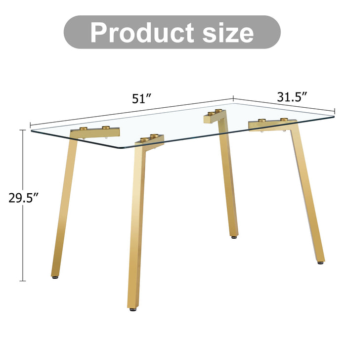 Modern Minimalist Style Rectangular Glass Dining Table With Tempered Glass Tabletop And Golden Metal Legs, Suitable For Kitchen, Dining Room, And Living Room - Transparent