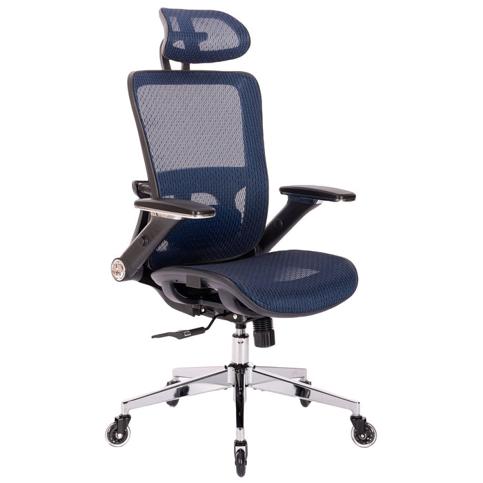 Ergonomic Mes Height Office Chair, High Back - Adjustable Headrest With Flip-Up Arms, Tilt And Lock Function, Lumbar Support And Blade Wheels, Kd Chrome Metal Legs - Blue