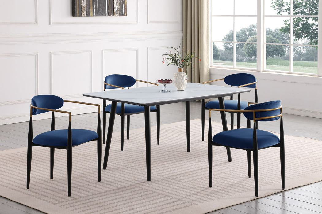 Modern Contemporary 5 Pieces Dining Set White Sintered Stone Table And Blue Chairs Fabric Upholstered Stylish Furniture