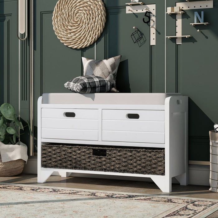 Trexm Storage Bench With Removable Basket And 2 Drawers, Fully Assembled Shoe Bench With Removable Cushion (White)