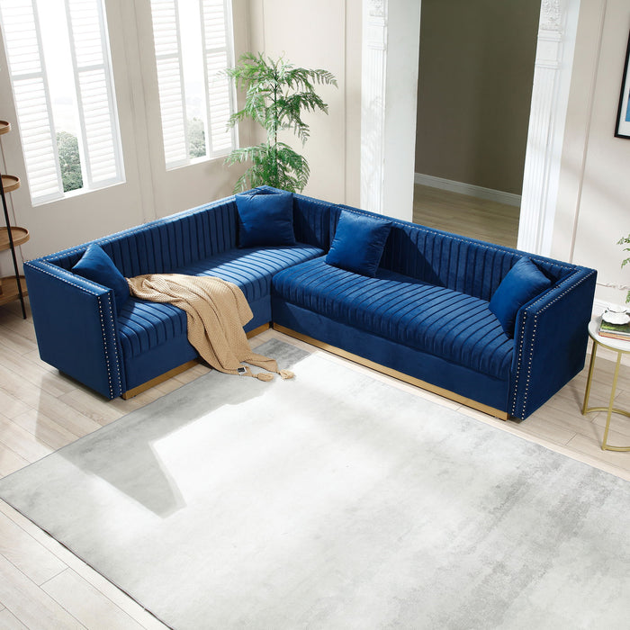 Contemporary Vertical Channel Tufted Velvet Sectional Sofa Modern Upholstered Corner Couch For Living Room Apartment With 4 Pillows, Blue