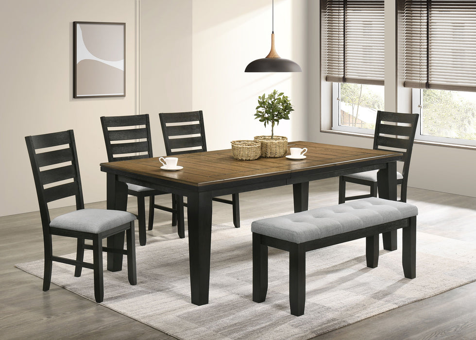 Contemporary 6 Pieces Dining Set Extendable Leaf Table Gray Fabric Upholstered Chair Bench Seats Wheat Charcoal Finish Wooden Solid Wood Dining Room Furniture
