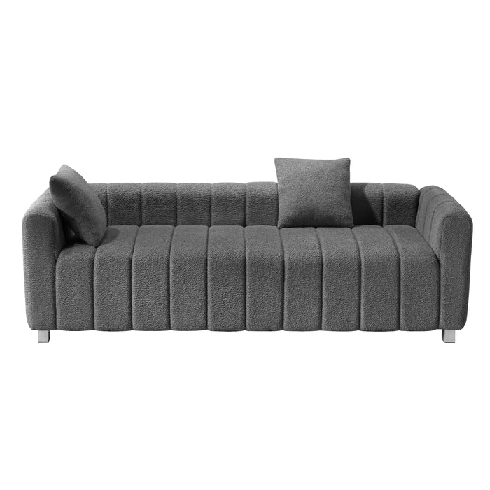 Modern Teddy Velvet Sofa, 2 - 3 Seat Mid Century Indoor Couch, Exquisite Upholstered Loveseat With Striped Decoration For Living Room, Bedroom, Apartment, 2 Colors (2 Pillows) - Gray