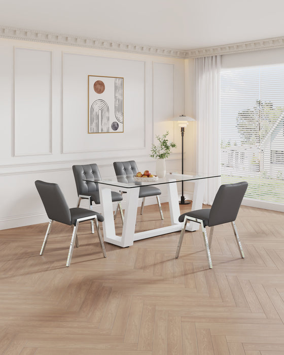Table And Chair Set, Equipped With Tempered Glass Tabletop And White MDF Trapezoidal Support, Paired With Lattice Armless High Back Dining Chairs (1 Table And 4 Chairs) - White