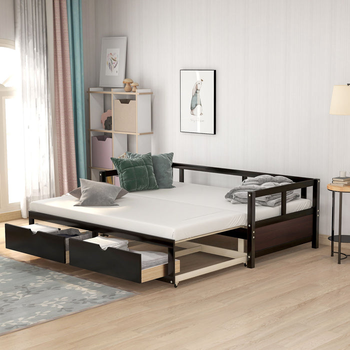 Wooden Daybed With Trundle Bed And Two Storage Drawers, Extendable Bed Daybed, Sofa Bed For Bedroom Living Room, Espresso