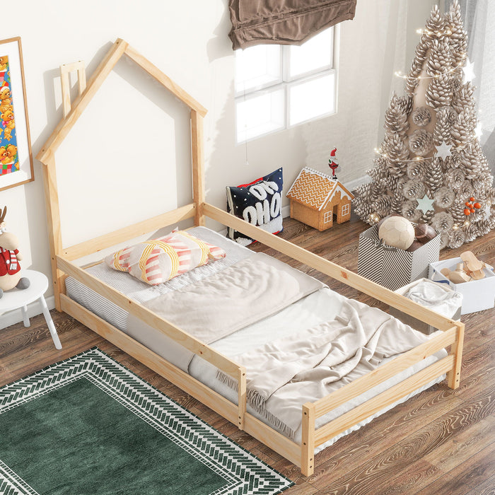 Twin Size Wood Bed With House - Shaped Headboard Floor Bed With Fences, Natural