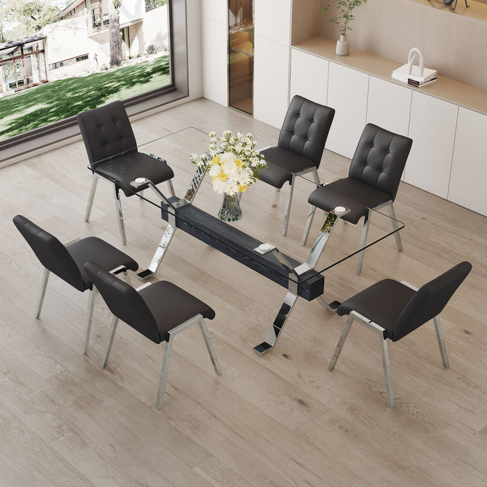Table And Chair Set, Suitable For Home And Office Use Glass Desktop With Silver Metal Legs And MDF Crossbar, Paired With Black Checkered Armless High Back Dining Chairs (1 Table And 6 Chairs)