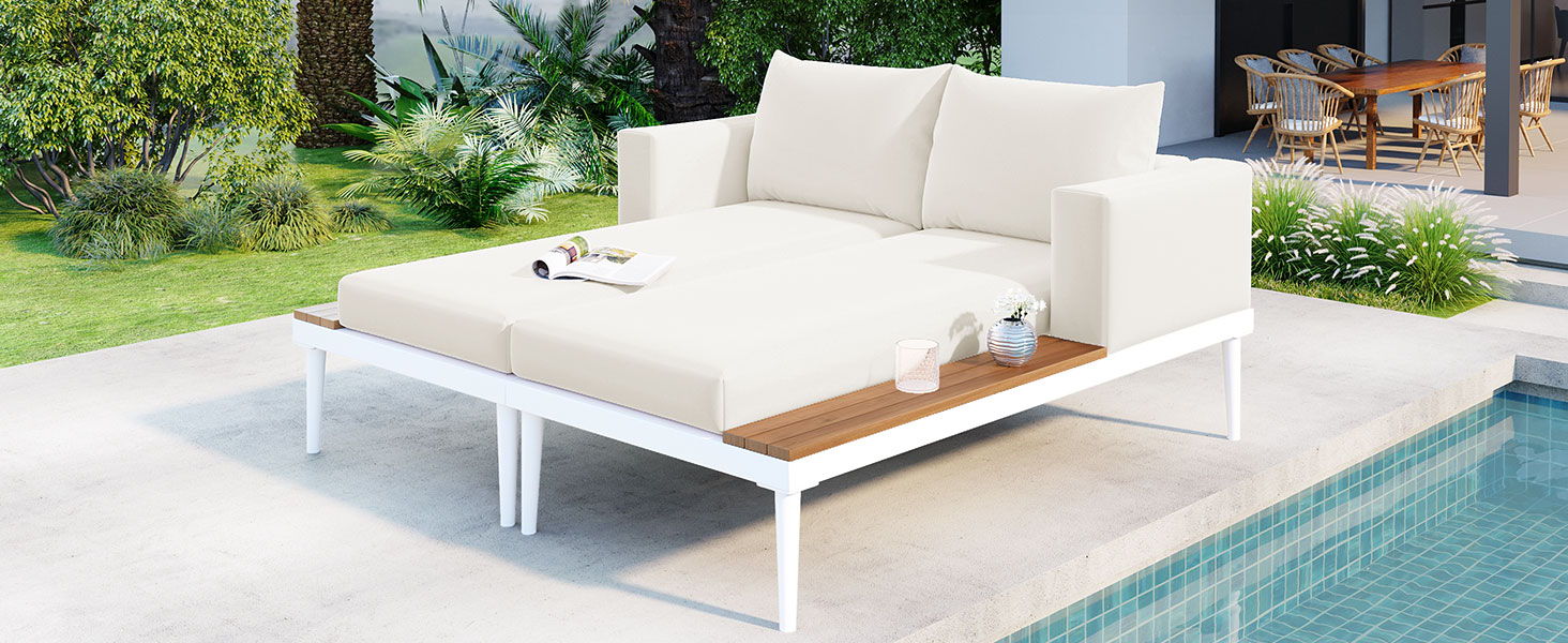 Topmax Modern Outdoor Daybed Patio Metal Daybed With Wood Topped Side Spaces For Drinks, 2 In 1 Padded Chaise Lounges For Poolside, Balcony, Deck, Beige