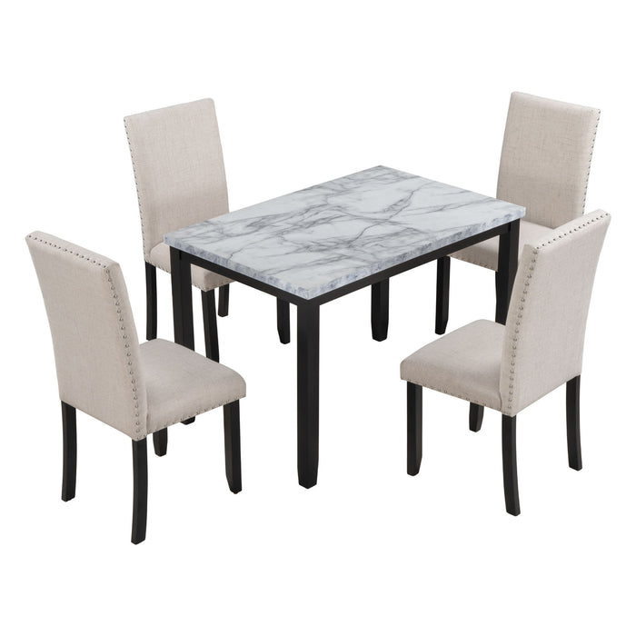 Trexm Faux Marble 5 Piece Dining Set Table With 4 Thicken Cushion Dining Chairs Home Furniture, White/Beige / Black