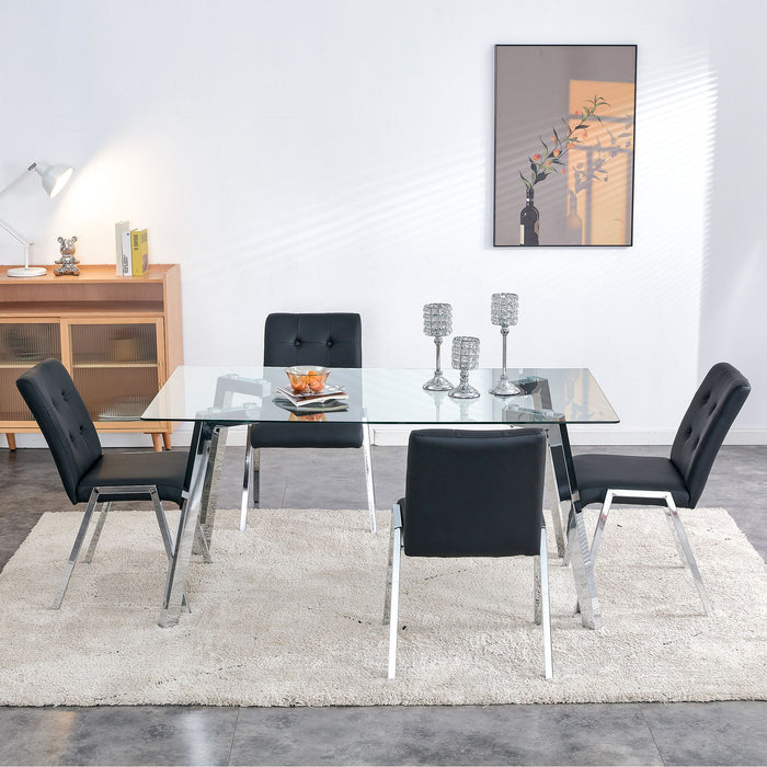 Table And Chair Set, 1 Table With 4 Black Chairs, Rectangular Glass Dining Table With Tempered Glass Tabletop And Silver Metal Legs, Paired With Armless PU Dining Chairs And Electroplated Metal Legs,