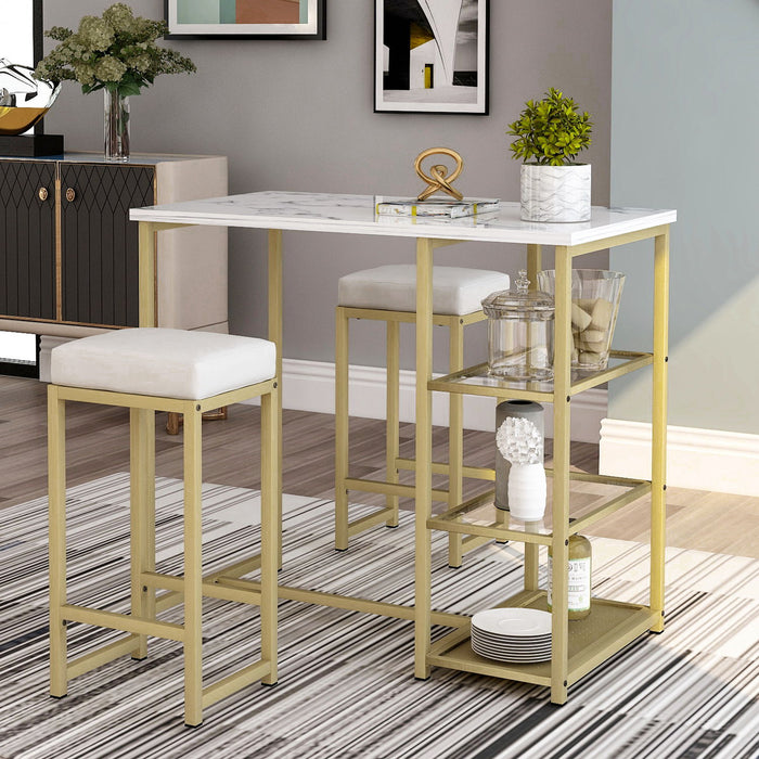 Trexm 3 Piece Modern Pub Set With Faux Marble Countertop And Bar Stools, White/Gold