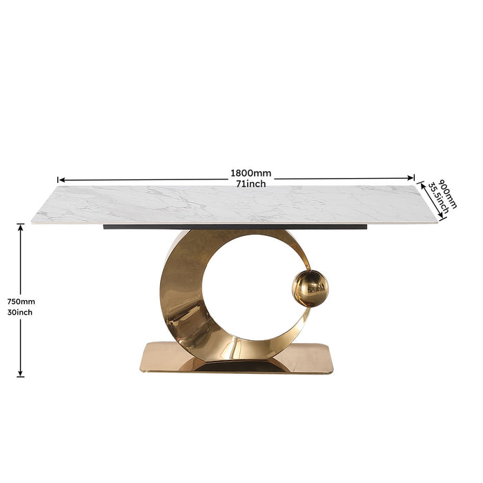 Stone Diningtable With Carrara White Color And Round Special Shape Stainless Steel Gold Pedestal Base