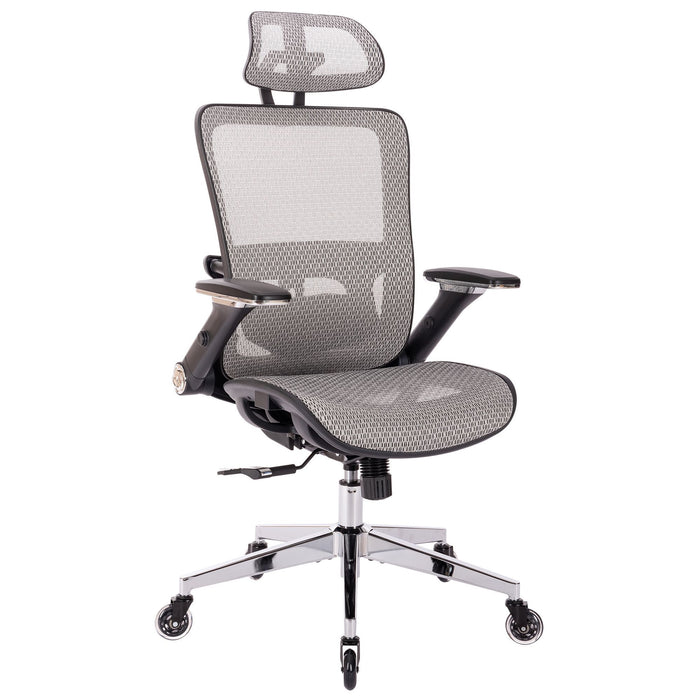 Ergonomic Mes Height Office Chair, High Back - Adjustable Headrest With Flip-Up Arms, Tilt And Lock Function, Lumbar Support And Blade Wheels, Kd Chrome Metal Legs - Gray