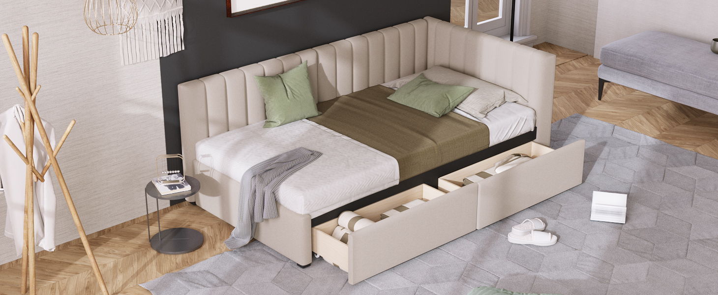 Upholstered Daybed With 2 Storage Drawers Twin Size Sofa Bed Frame No Box Spring Needed, Linen Fabric (Beige)