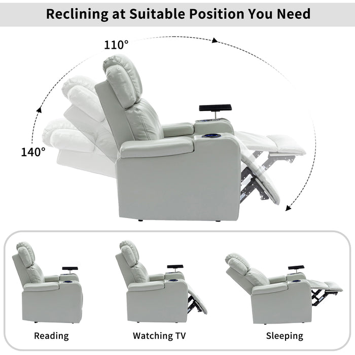 Power Recliner Individual Seat Home Theater Recliner With Cooling Cup Holder, Bluetooth Speaker, LED Lights, USB Ports, Tray Table, Arm Storage For Living Room, Grey