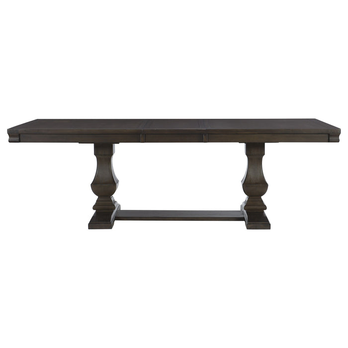 Traditional Style Wooden Dining Table 1 Piece Separate Extension Leaf Double Pedestal Base Wire Brushed Rustic Brown Finish