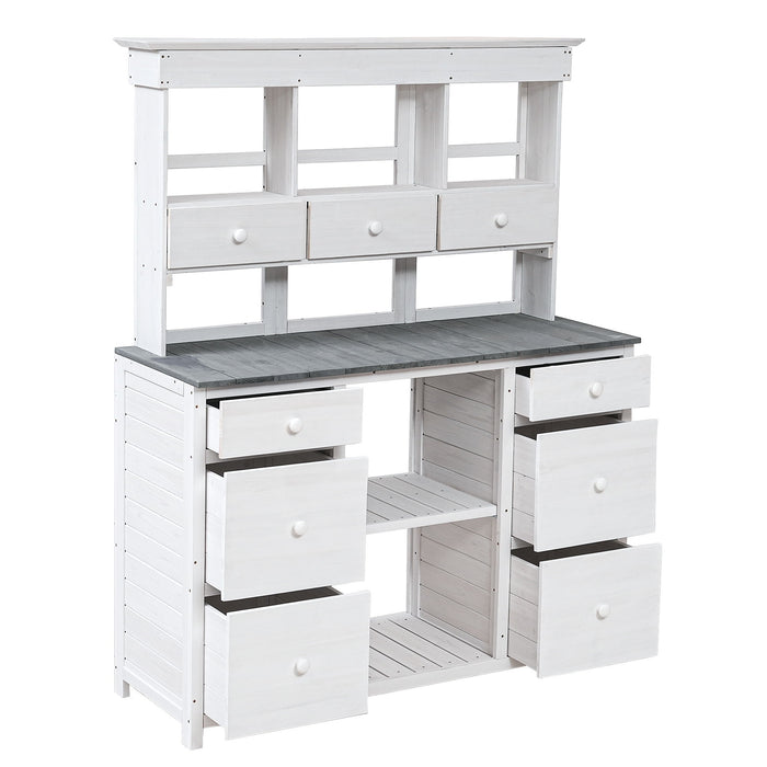 Topmax Garden Potting Bench Table, Rustic And Sleek Design With Multiple Drawers And Shelves For Storage, White And Gray