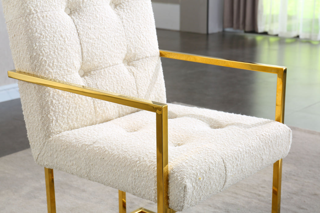 Modern Linen Dining Arm Chair Set of 1, Tufted Design And Gold Finish Stainless Base
