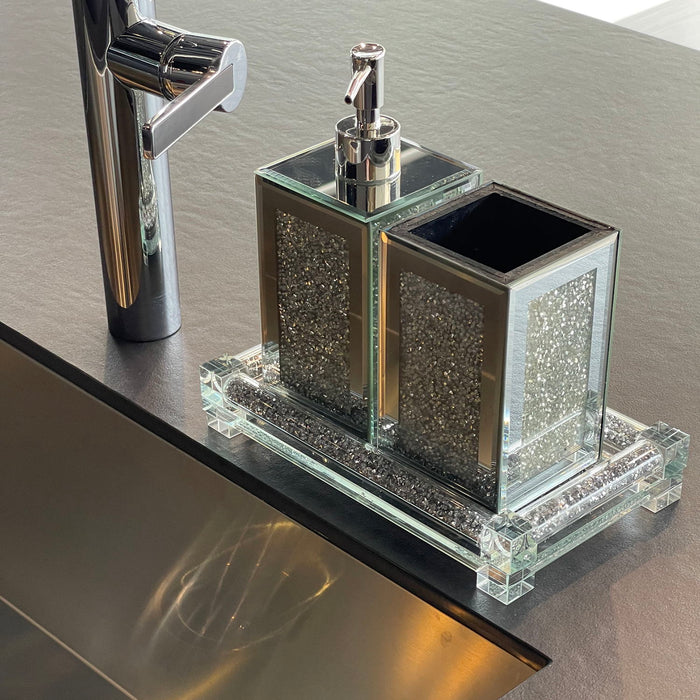 Ambrose Exquisite 3 Piece Square Soap Dispenser And Toothbrush Holder With Tray - Silver