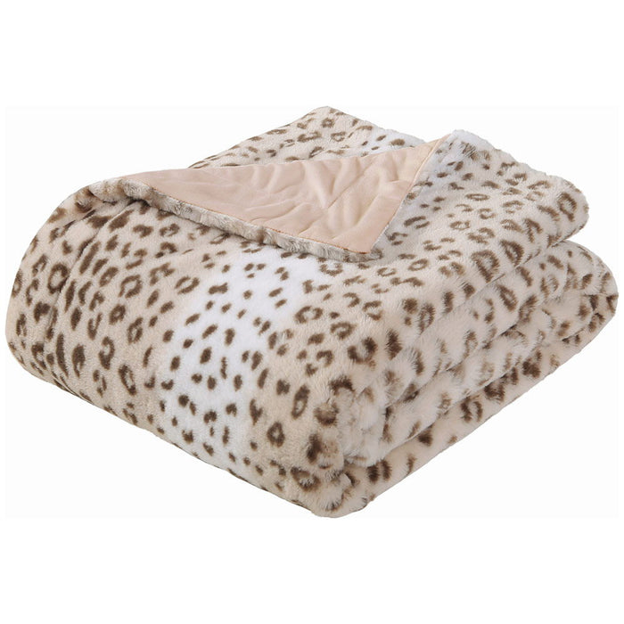 Printed Faux Rabbit Fur Throw, Lightweight Plush Cozy Soft Blanket, 60" X 70", Sand Leopard