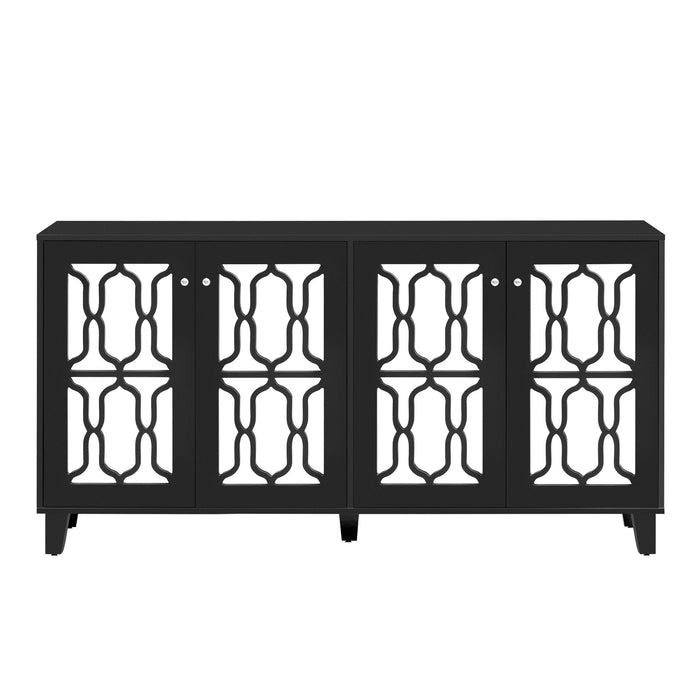 On-Trend Buffet Cabinet With Adjustable Shelves, 4 - Door Mirror Hollow - Carved TV Stand For TVs Up To 65'', Multi-Functional Console Table With Storage Credenza Accent Cabinet For Living Room, Black