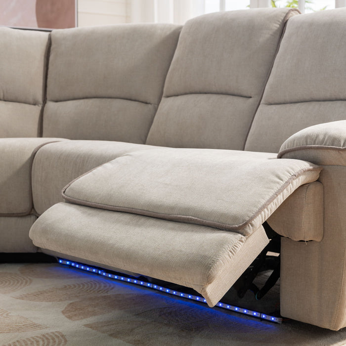 Modern Manual Reclining Living Room Furniture Set With USB Ports, Hidden Storage, LED Light Strip And 2 Cup Holders, Cream