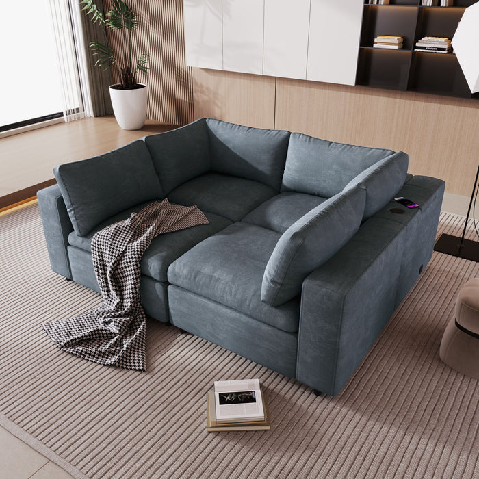 U-Style Upholstered Modular Sofa With Usb Charge Ports, Wireless Charging And Built-In Bluetooth Speaker In Arm, Sectional Sofa For Apartment (4-Seater)