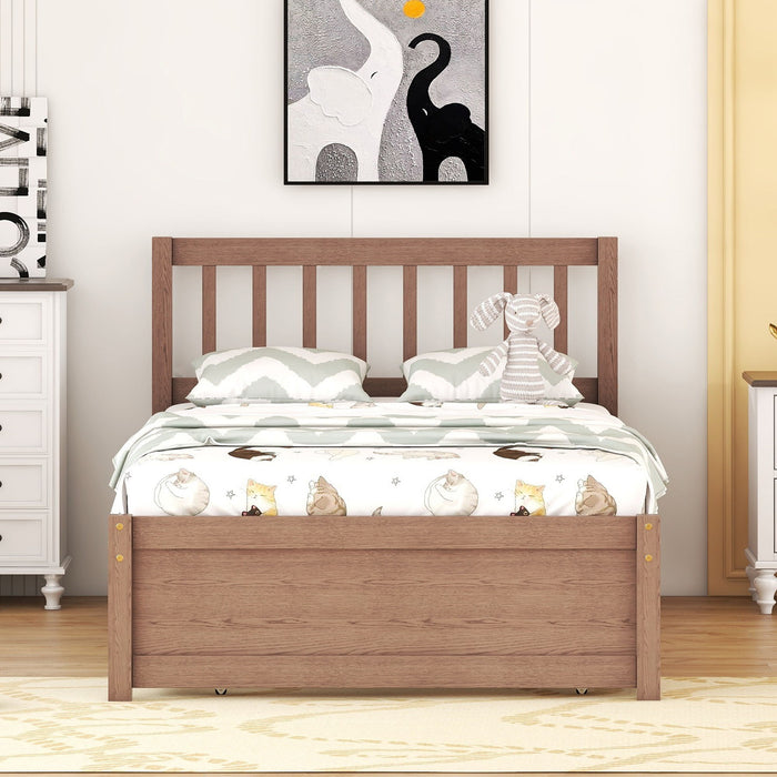 Modern Design Wooden Twin Size Platform Bed Frame With Trundle For Walnut Color