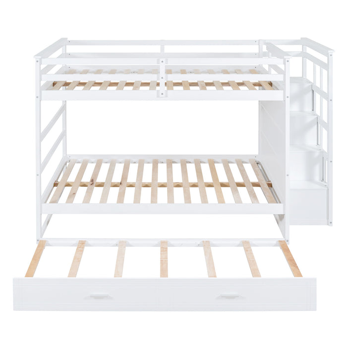 Full Over Full Bunk Bed With Twin Size Trundle And Staircase, White