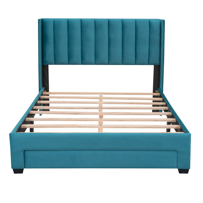 Full Size Storage Bed Velvet Upholstered Platform Bed With Big Drawer - Blue