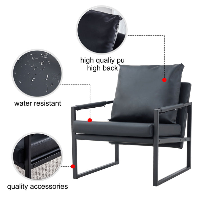 Medieval PU Leather Armchair, Metal Frame Cushion Super Thick Backrest And Cushion Sitting Room Sofa Chair (Black PU Leather + Metal Frame + Foam + 2 Pieces)