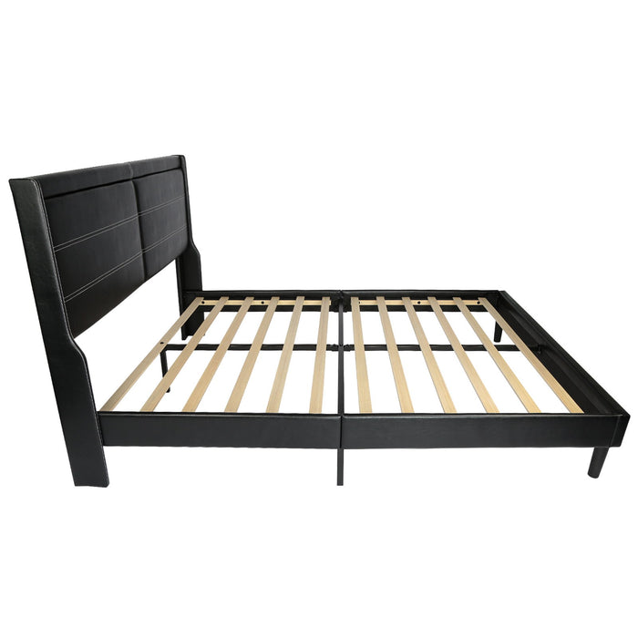 Stylish Queen Size Leather Upholstered Bed Frame Platform Bed With Lights Stitched Wing - Backed Headboard Strong Wooden Slats Bed Canopy No Box Spring Needed Black