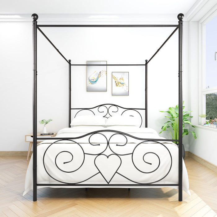 Metal Canopy Bed Frame With Vintage Style Headboard & Footboard, Easy Diy Assembly All Parts Included, Queen Black