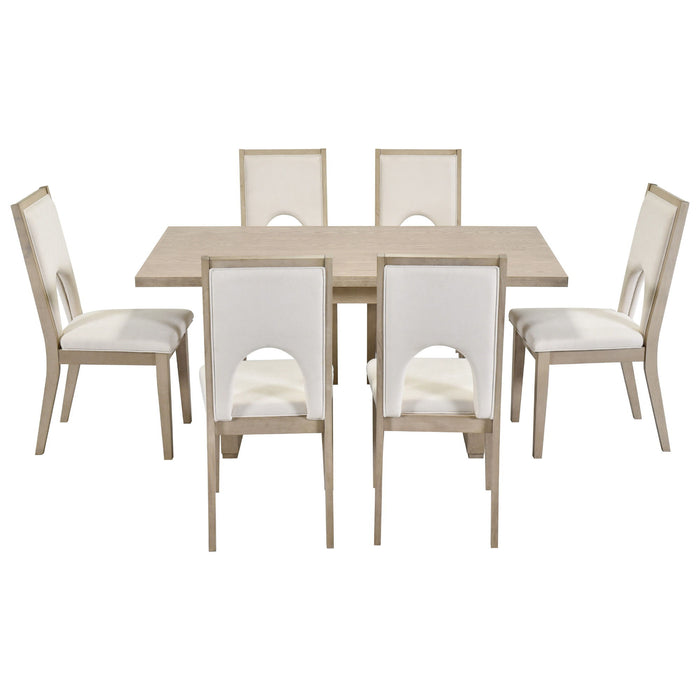 Trexm Wood Dining Table Set For 6, Farmhouse Rectangular Dining Table And 6 Upholstered Chairs Ideal For Dining Room, Kitchen (Nartural Wood Wash / Beige)