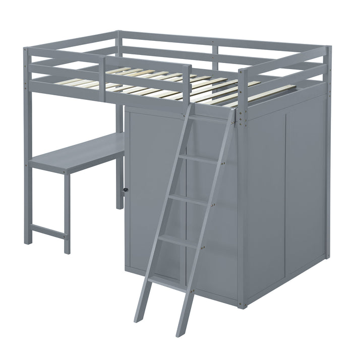 Twin Size Loft Bed With Wardrobe And Desk, Gray