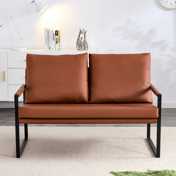 Modern Two - Seater Sofa Chair With 2 Pillows - Leather, High - Density Foam, Black Coated Metal Frame - Brown