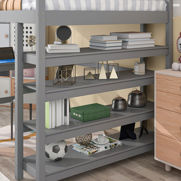 Full Loft Bed With Desk, Ladder, Shelves - Gray