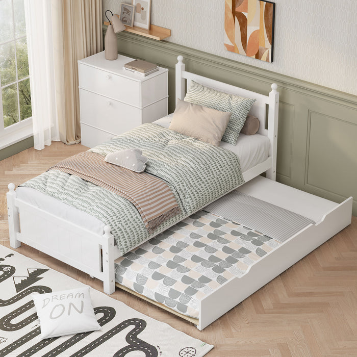 Twin Size Solid Wood Platform Bed Frame With Trundle For Limited Space Kids, Teens, Adults, No Need Box Spring, White