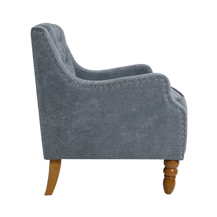 Grey Accent Chair, Living Room Chair, Footrest Chair Set With Vintage Brass Studs, Button Tufted Upholstered Armchair For Living Room