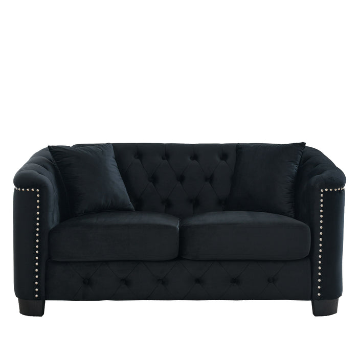 59 Inch Modern Chesterfield Velvet Sofa, 2-Seater Sofa, Upholstered Tufted Backrests With Nailhead Arms And 2 Cushions For Living Room, Bedroom, Apartment, Office - Black