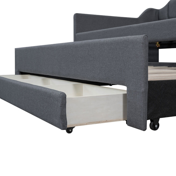 Twin Size Upholstered Daybed With Trundle And Three Drawers, Gray