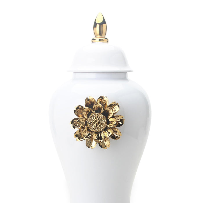 White Ginger Jar With Gilded Flower, Timeless Home Decor