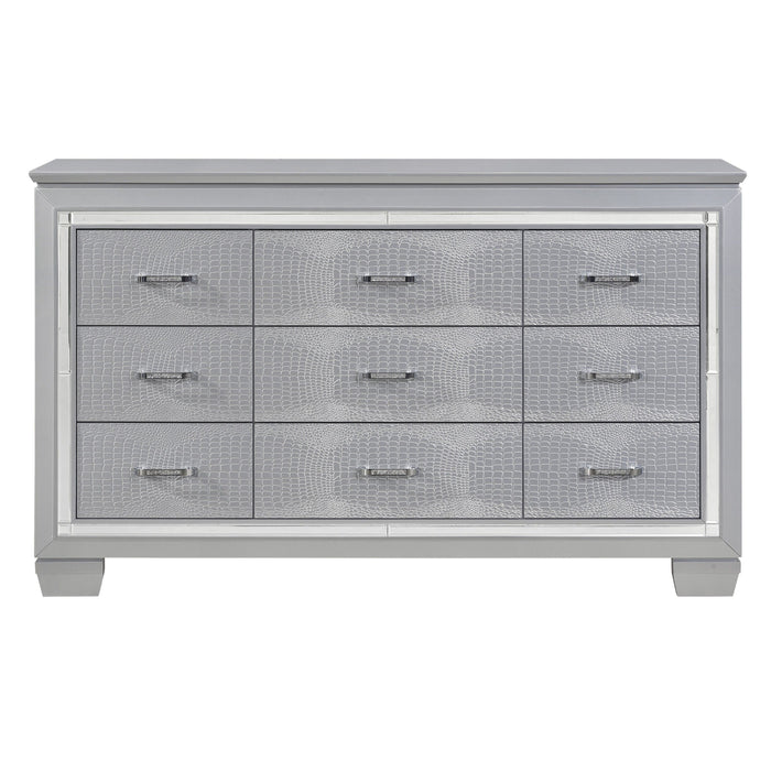 Modern Glam Silver Finish 1 Piece Nine Drawers Dresser Faux Alligator Textured Drawers Fronts Faux Crystals Wooden Bedroom Furniture