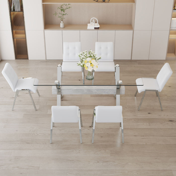 Table And Chair Set 1 Table And 6 White Chairs Tempered Glass Desktop Equipped With Silver Plated Metal Legs And MDF Crossbars Paired With Armless Soft Backrest Dining Chairs