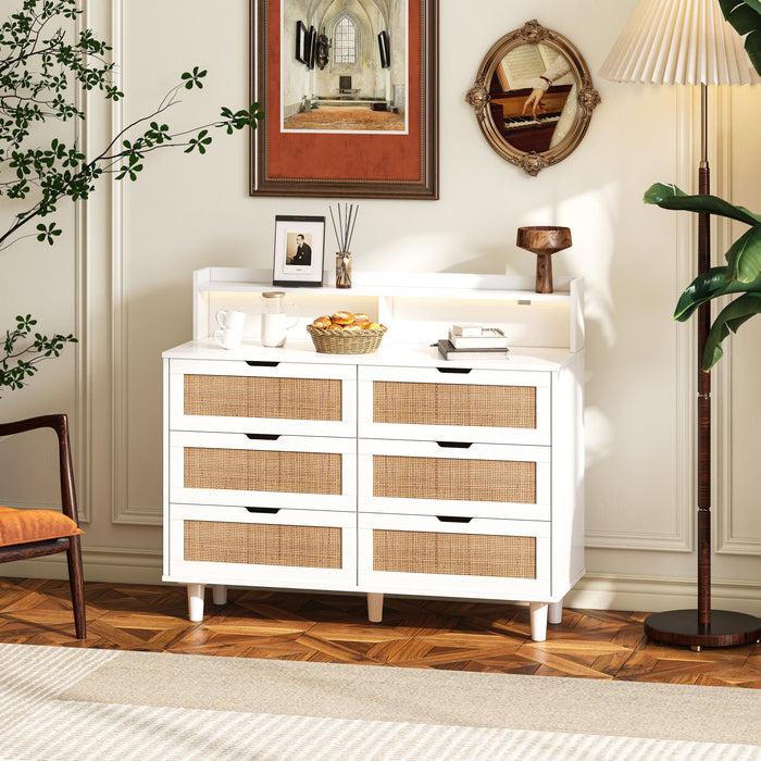 6-Drawers Rattan Storage Cabinet Rattan Drawer With LED Lights And Power Outlet, For Bedroom, Living Room, White